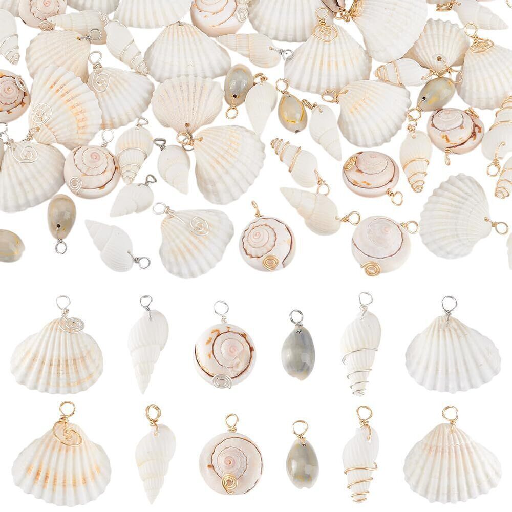 5448 72pcs 12 Styles Natural Shell Pendants White Scallop Spiral Cowrie